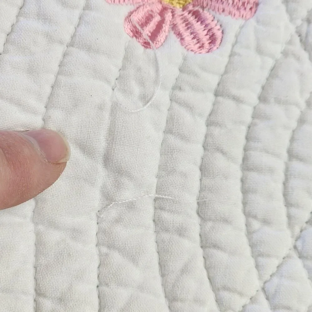 Lime Green Pink Floral Twin Size Quilt 100% Cotton Bedspread Striped Embroidered
